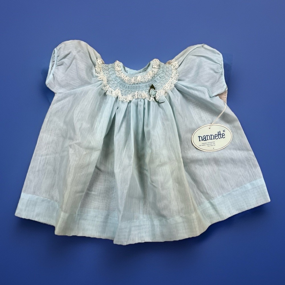 Vintage Nannette Baby Dress Blue Smocked Embroidered Lace USA‎ 15-18 Mo NEW